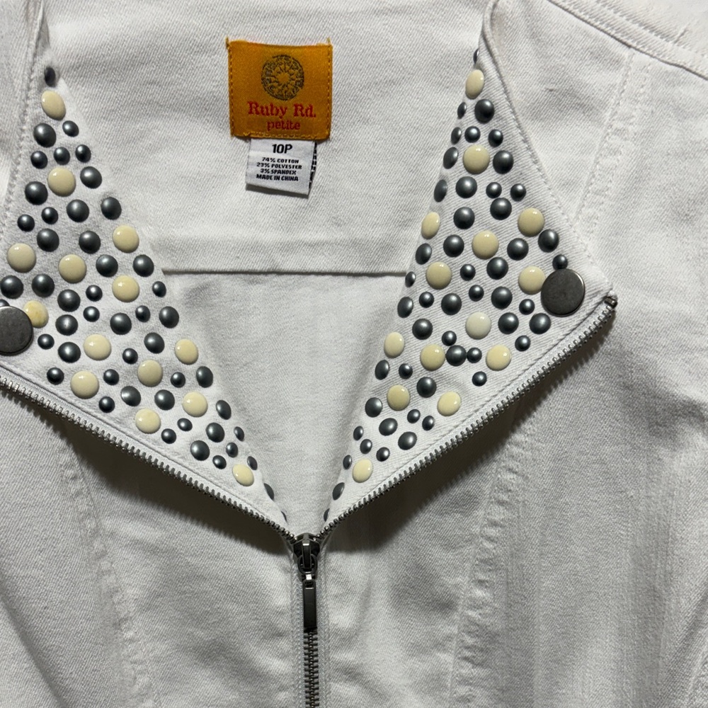 Ruby Rd. White Zip-Front Stud Collar Jean Jacket - image 2